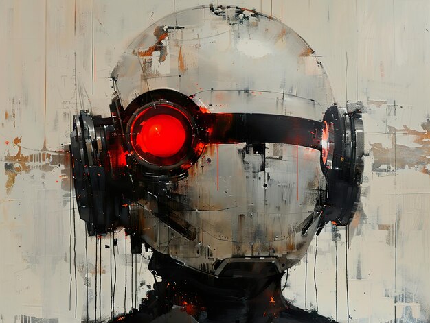 Photo a digital painting of a futuristic robot with a glowing red eye and a metallic helmet