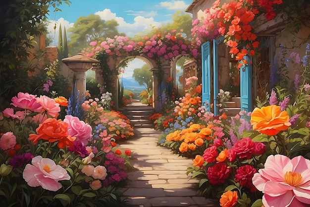 Digital painting of garden with beautiful flowers Colorful fantasy landscape