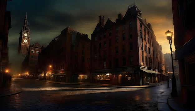 A digital painting of a ghostly cityscape with a decaying clock tower at the center