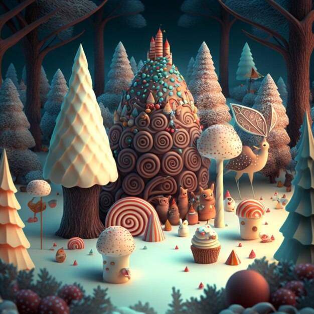 A digital painting of a giant ice cream cone with a forest of trees and a snow covered forest