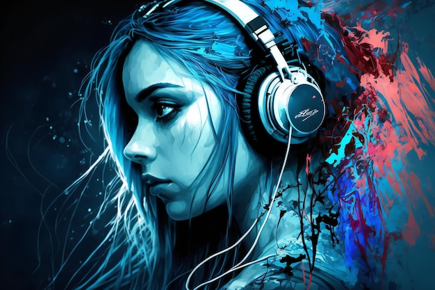 Digital painting girl dj listens music with headphones music and sound