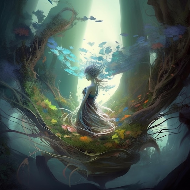 A digital painting of a girl in a forest with a blue background and a tree with many leaves.