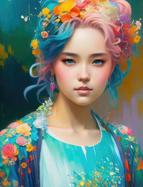 Digital painting of a girl with blue hair