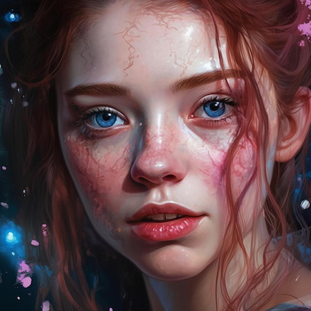 A digital painting of a girl with freckles and red freckles