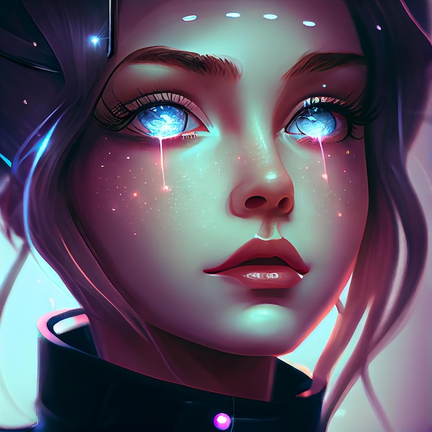 A digital painting of a girl with glowing eyes and a black sweater.