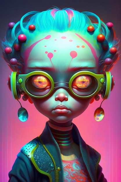 A digital painting of a girl with glowing eyes and a neon sign that says'i am a robot '