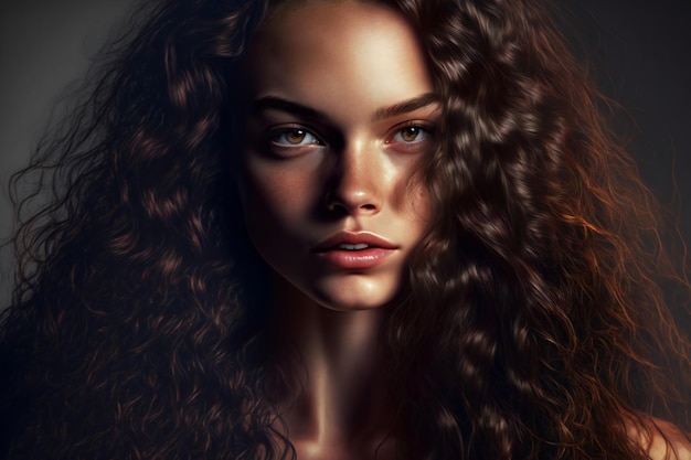 Digital painting girl with long and shiny wavy hair people expressions