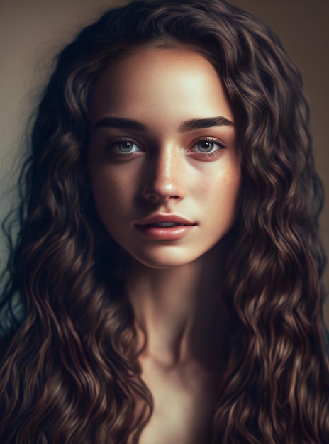 Digital painting girl with long and shiny wavy hair people women