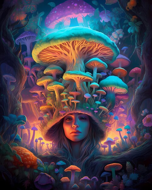 A digital painting of a girl with a mushroom hat on her head