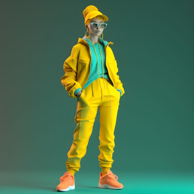 digital painting of a girl in a yellow outfit with a green background and a yellow jacket