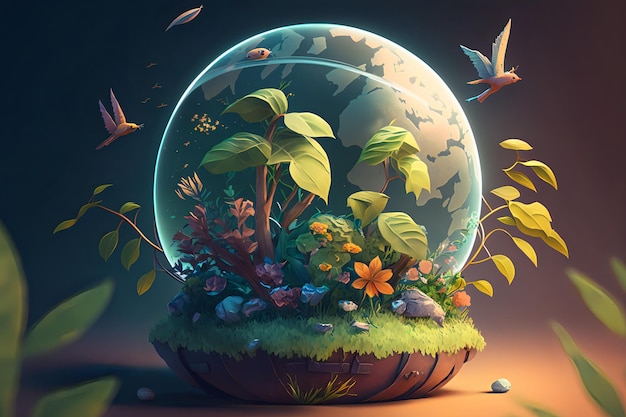 A digital painting of a globe with plants and birds around it.