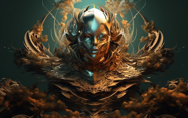 A digital painting of a gold mask with a blue face and gold wings.