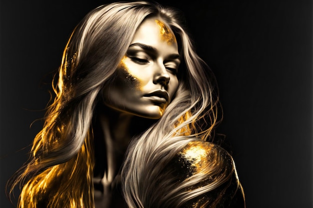 Digital painting of gold woman beauty fashion model girl with golden makeup