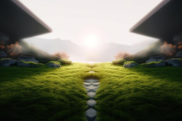 A digital painting of a grass field with a sunset in the background.