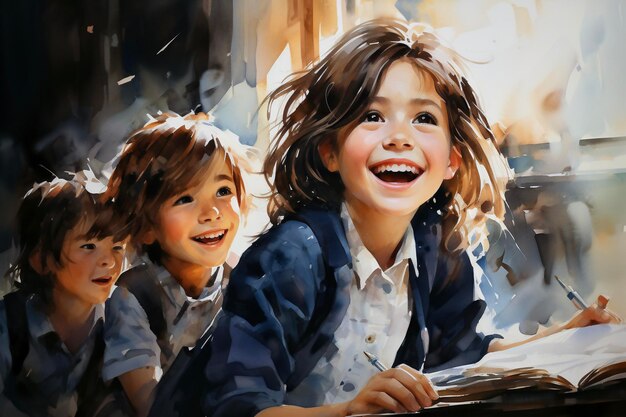 Digital painting of a happy schoolgirl and her friends reading a book