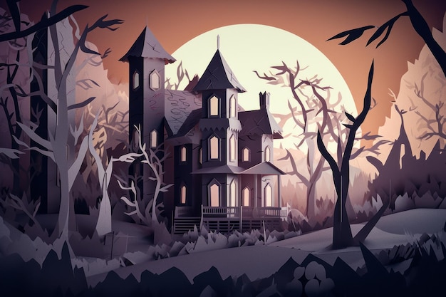 A digital painting of a haunted house with a full moon behind it.