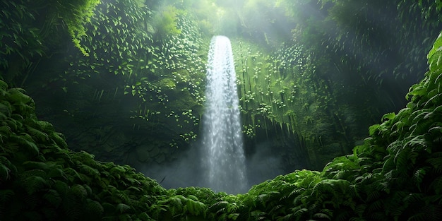 Digital painting of hidden cave waterfall with lush green vegetation tranquil vibe Concept Nature Scenes Waterfalls Hidden Caves Lush Greenery Tranquil Vibe