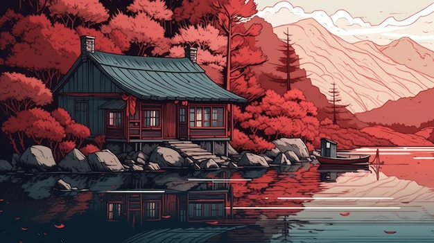 A digital painting of a house by the lake.