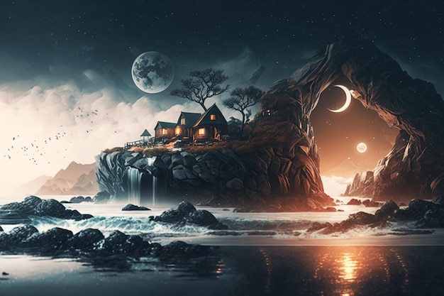 A digital painting of a house on a rocky island with a moon and stars above it.