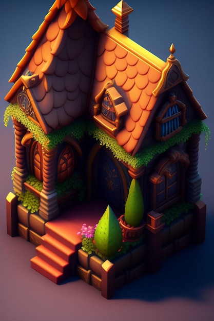 A digital painting of a house with a porch and a planter on the bottom.