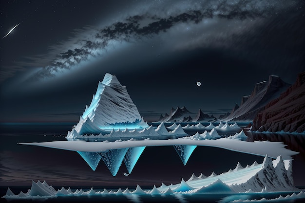 A digital painting of icebergs and a starry sky