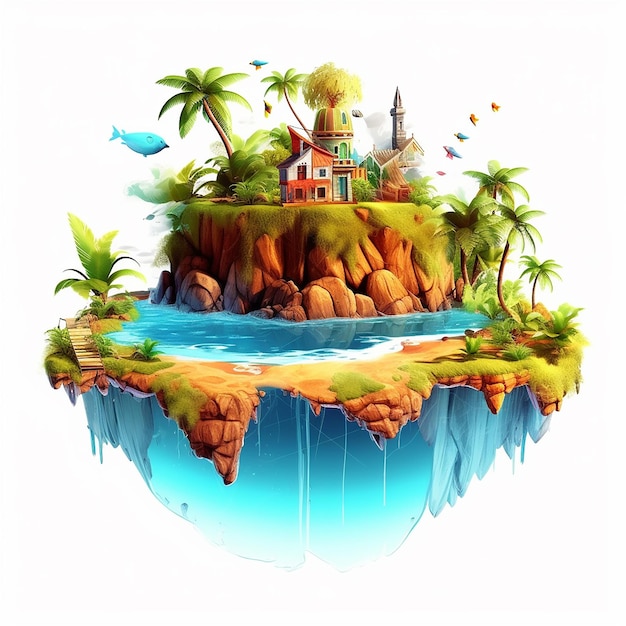 A digital painting of a island with a house on it and a palm tree on the bottom.