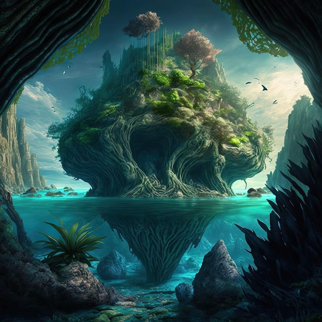 A digital painting of a island with a tree on it