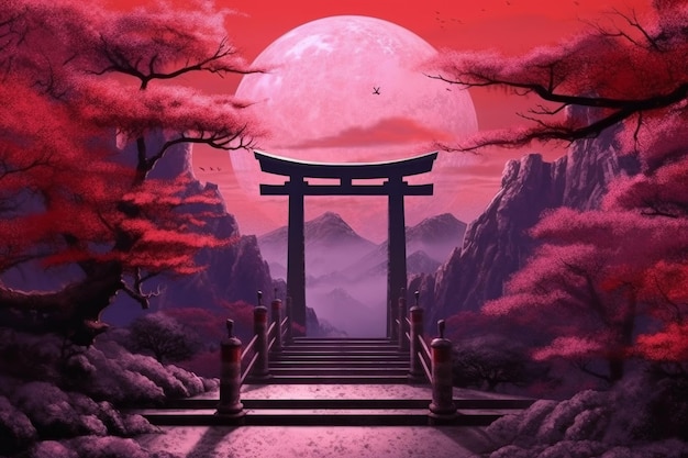 A digital painting of a japanese gate with a moon in the background.