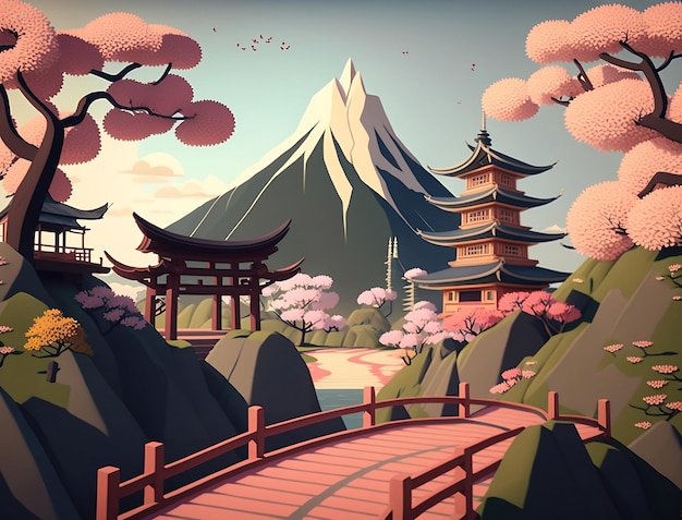 A digital painting of a japanese temple and a mountain with a mountain in the background