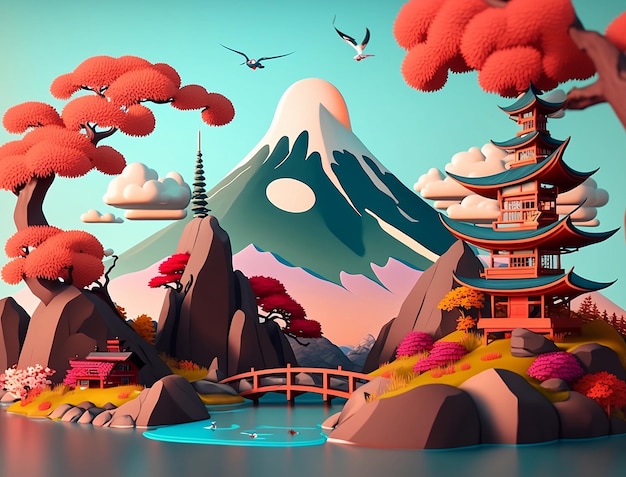 A digital painting of a japanese temple and a mountain with a mountain in the background.