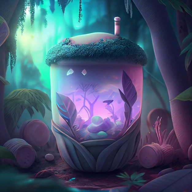 A digital painting of a jar with a mushroom on it.