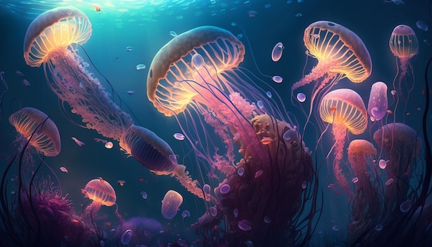 A digital painting of jellyfish in the ocean