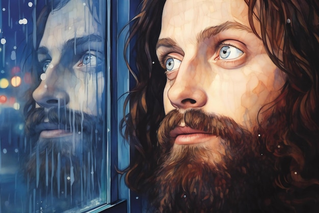 Digital painting of Jesus Christ in the window with lights in the background