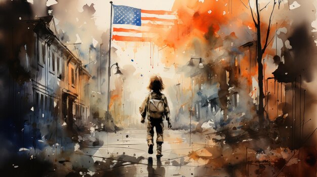 Digital painting of a kid walking in the street with an American flag