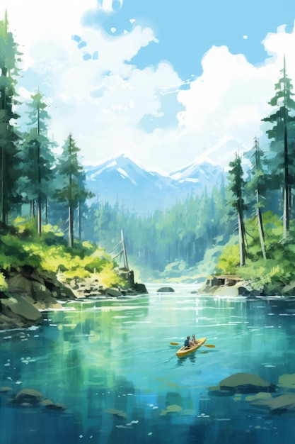 Digital painting of a lake in the middle of a coniferous forest