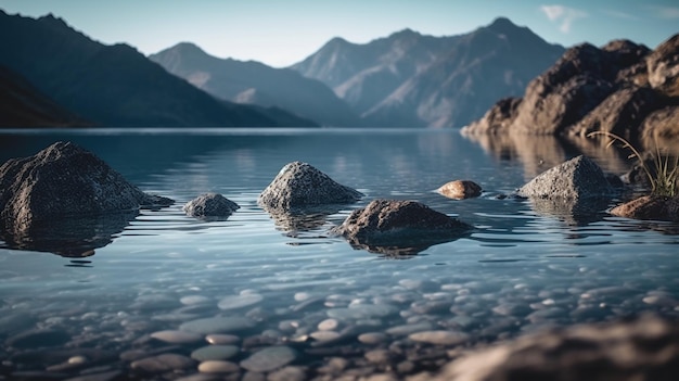 A digital painting of a lake with mountains in the background