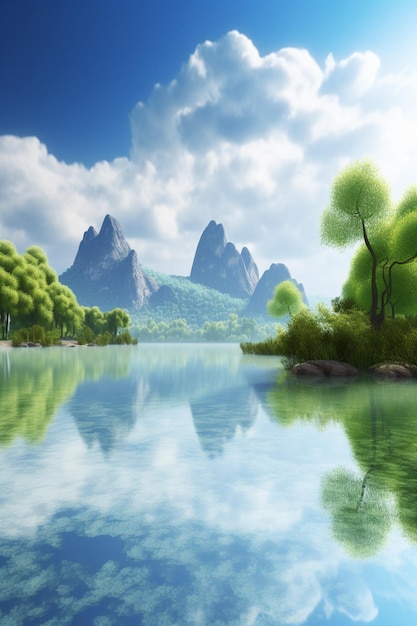 A digital painting of a lake with mountains in the background.