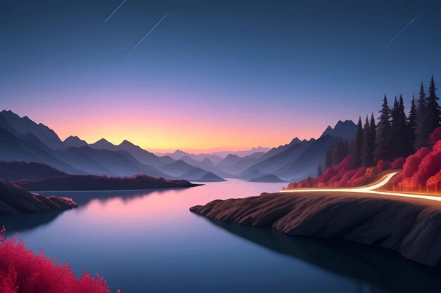 a digital painting of a lake with mountains and a car passing by