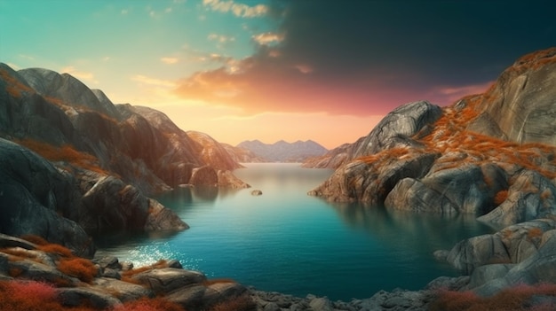 A digital painting of a lake with mountains and a sunset.