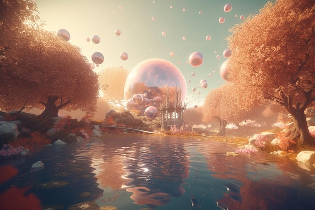 A digital painting of a lake with a pink bubble floating above it.