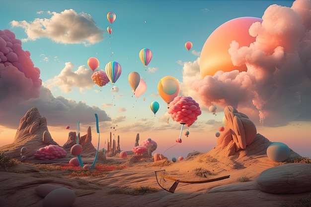 A digital painting of a landscape with balloons and a planet in the background.