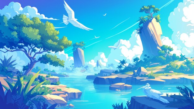 a digital painting of a landscape with birds flying above the water