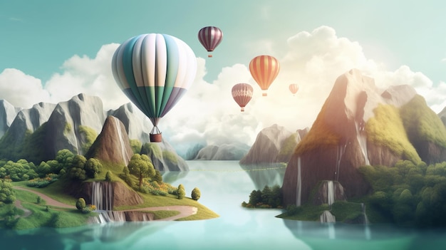 A digital painting of a landscape with hot air balloons floating above a lake.