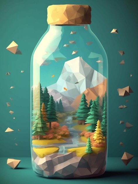 A digital painting of a landscape with mountains and trees inside.