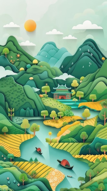 a digital painting of a landscape with mountains and trees