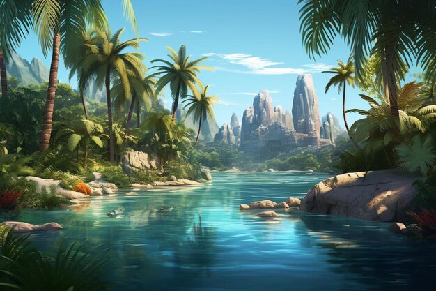 a digital painting of a landscape with palm trees and mountains in the background.