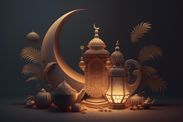 A digital painting of a lantern and a moon with the words ramadan.