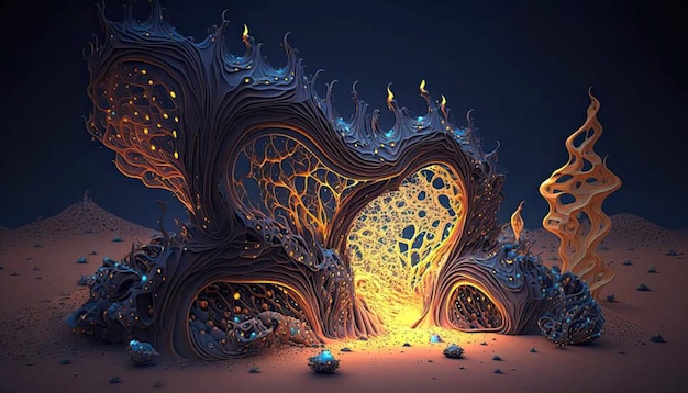 A digital painting of a large, glowing, glowing, fractal structure with a large heart inside.