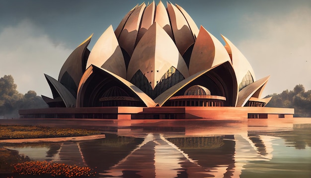 A digital painting of the lotus temple in india