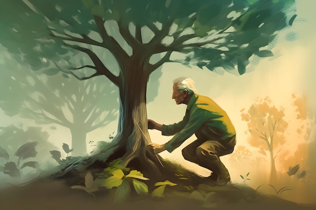 Digital painting of a man planting a tree with a burst of energy Generative AI